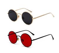TYFGRT Pack De 2 Lunettes De Soleil Rondes à Lentilles Rouges - Unisexe, Rétro, Monture En Métal - Décoration D'Accessoires De Mode Personnalisés