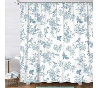 TYHKXAI Ensemble Rideau de Douche à Fleurs Bleues, Style bohème rétro cottagecore, Fleurs botaniques, Oiseaux et Fleurs (165x183cm/LxH)