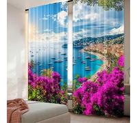 TYHKXAI Lot de 2 Rideaux occultants avec Vue sur la côte de la Côte d'Azur, Paysage de Ville médiévale, Soleil, Ciel Bleu, Plage WxH/2x80x210cm