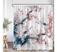 TYHKXAI Rideau de Douche de Style Japonais, Motif Floral Rose, Cerisier, Grue Blanche, Paysage de Montagne, Encre, décoration de Salle de Bain Moderne 73x162cm/WxH