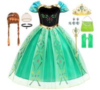 Tyidalin Déguisement Robe Princesse Anna pour Filles avec Perruque Costume Vert Enfant pour Carnaval Anniversaire Halloween Noël