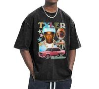 Tyler Rapper The Creator Singer Music T-Shirt Oversize délavé Vintage - T-Shirt Streetwear rétro Hip-hop pour Homme, Haut à Manches Courtes et épaules Tombantes en Coton Doux et Vieilli, Noir Medium