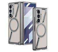 TYLYJSU Magnétique Coque pour Samsung Galaxy Z Fold 7, Verre Trempé Protection Écran, Mat Placage Cuir Etui Prend Charge sans Fil,Argent,Fold 7