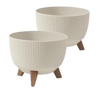 Tymar Ensemble de 2 Pots de Plantes avec Socles, Pots d'Extérieur et d'Intérieur, Grand Pot de Fleurs Rond pour Terrasse, Jardinière Beige, Ø 40 cm, 25 cm de Hauteur