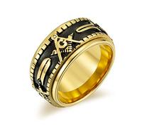 TYMONT Bague rotative maçonnique pour homme - Symbole carré et boussole - Accessoires de bijoux maçonniques en acier inoxydable - Doré - 7