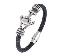 TYMONT Bracelet En Cuir D'ancre En Acier Inoxydable Pour Hommes, Bracelet En Cuir Supérieur Tressé Vintage, Bracelet De Couple,Argent,18.5cm