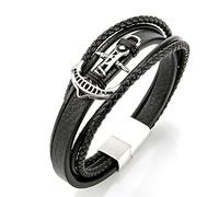 TYMONT Bracelet En Cuir D'ancre En Acier Inoxydable Viking, Bracelet En Cuir Tressé Vintage Pour Homme, Bracelet En Cuir Multicouche À La Mode,Noir,21cm