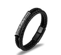 TYMONT Bracelet En Cuir De Symbole De Verrouillage De Triangle D'odin Nordique, Amulette De Bracelet De Corde En Cuir D'acier Inoxydable De Noeud Celtique De Viking,Noir,20cm
