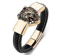 TYMONT Bracelet Manchette Cousu Tissé Cuir Pour Hommes, Bracelet Tête Lion Acier Inoxydable Vintage, Bracelet Cuir Lion Animal Punk Hip Hop,Noir,20.5cm