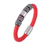 TYMONT Bracelet Rond Tressé En Cuir Européen Et Américain, Bracelet À Boucle Magnétique En Cuir Tressé Pour Hommes, Accessoires De Moto Punk,Rouge,17.5cm