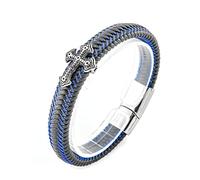 TYMONT Bracelet Tressé En Cuir Avec Croix Chrétienne, Bracelet En Cuir Religieux Pour Homme,Bleu,22cm
