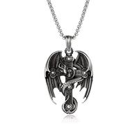 TYMONT Collier Pendentif Tête De Mort Enroulée De Dragon Viking, Amulette De Collier Croix Aile De Dragon Punk En Étain Pur Pour Homme,Argent,50cm