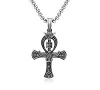 TYMONT Pendentif Croix En Étain Pur, Texte Égyptien Vintage, Collier Pendentif En Étain Pur Punk Hip Hop Pour Hommes Et Femmes,Argent,Pendant + Chain 60cm
