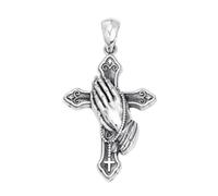 TYMONT S925 Pendentif En Argent Sterling Croix Vintage Avec Mains En Prière, Collier Pendentif En Argent Sterling Hip Hop Personnalisé Pour Hommes Et Femmes,Argent,Pendant + Chain 55cm