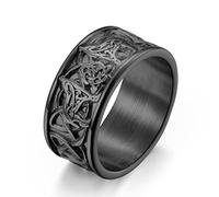 TYMONT Viking Celtic Ring, 10mm Mens Vintage Hand Gravé Trinity Celtic Wolf Pattern Ring,Noir,9