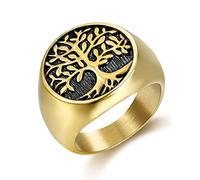 TYMONT Viking Tree of Life Ring, Homme Celtic Tree of Life Round Chevalière Bague En Acier Inoxydable,D'or,14