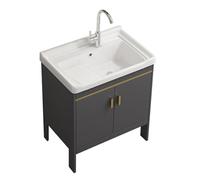 TYMYW Meuble Salle de Bain avec Pied et Vasque en Céramique et Robinet et Planche À Laver Armoire Salle de Bain avec Charnière Tampon,Gris Foncé,70 Cm