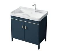TYMYW Meuble Salle de Bain avec Vasque Céramique et Mitigeur avec Planche À Laver Armoire Salle de Bain avec Pied et Charnière Tampon,Bleu,70 Cm