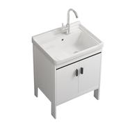 TYMYW Meuble Salle de Bain avec Vasque Ceramique et Mitigeur avec Planche À Laver Meuble sous Lavabo avec Pied et Charnière Tampon,Blanc,60 Cm