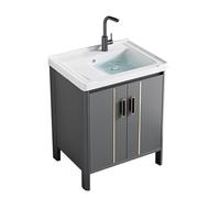 TYMYW Meuble Salle de Bain avec Vasque Céramique et Mitigeur et Planche À Laver Armoire Salle de Bain avec Pied et Charnière Tampon,Gris,60 Cm