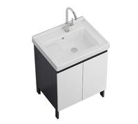 TYMYW Meuble Salle de Bain avec Vasque et Robinet avec Planche À Laver Armoire Salle de Bain avec Pied avec Charnière Tampon,Gris + Blanc,60 Cm