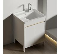 TYMYW Meuble Salle de Bain Rangement avec Vasque et Robinet et Planche À Laver Meuble sous Lavabo avec Pied et Charnière Tampon,Blanc Laiteux,60 Cm