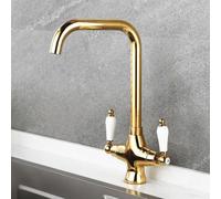 TYMYW Robinet de Cuisine Retro avec Double Poignée en Céramique Mitigeur bec Haut Robinet Evier Laiton Monotrou,Or