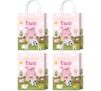 Tyndallrays Lot de 16 sacs cadeaux de ferme pour 2e anniversaire avec poignées, sacs à dragées roses pour fille, Oink Baa Moo I Am Two Célébrations à thème, 15,9 x 8,9 x 21,5 cm