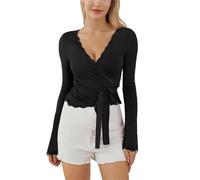 TYNXK Haut Cache-cœur de Ballet à Nouer croisé for Femme, Bordure en Dentelle, Manches Longues, col en V, Chemises de Yoga, Coupe ajustée, noué sur Le Devant(Black,M)
