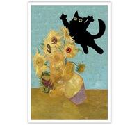 TYOHU Poster d'art drôle de chat noir Vintage Van Gogh Tournesol Chat Impression sur toile Art mural Mignon Animal Chambre Impression esthétique Peinture pour la maison Chambre Dortoir Décoration