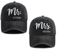 TypasTdqk Lot de 2 chapeaux de baseball Mr & Mrs Est 2025 pour homme et femme en coton brodé 3D, noir noir, Taille unique