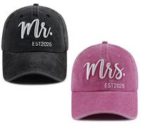 TypasTdqk Lot de 2 chapeaux de baseball Mr & Mrs Est 2025 pour homme et femme en coton brodé 3D, noir/rose, Taille unique