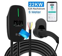 Type 2 Ev Wallbox pour véhicules électriques, 3 phases, 22kW, intensité réglable via app, charge programmée, avec 4 cartes RFID (6 m, 6-32A)