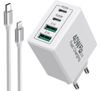 Type-C Usb C Chargeur,40w 4-Port Multiple Charge Pd Et Qc3.0 Type C Adaptateur Rapide Pour Iphone 15 Pro Max/13/14/12/11,Samsung Galaxy S24/S23/S22/S21/A15,Ipad,Airpods,Avec 2m Câb[Car783695]