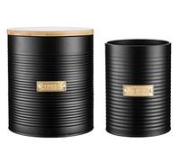 Typhoon Otto Pot pour Cuisine avec Inscription « Ustensils » et boîte à Biscuits avec Inscription « Cookies » avec Couvercle en Bambou hermétique - Noir/Doré - Lot de 2 Articles