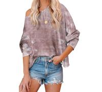TYQQU Femmes Pull Manches Longues Tie & Dye Collage Couleur Oversize Hors Épaule Simple Jersey Rouge Foncé XL
