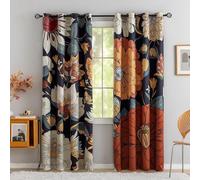 Tyrot Lot de 2 rideaux 100 % occultants à isolation thermique avec œillets, motif floral bohème style Mid-century, pour salon, chambre à coucher, l 132 x L 244 cm, noir