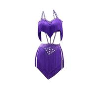 Tytyozay 2025 Costume De Danse Latine À Pompons pour Femme, Tenue Dos Nu Tendance À Pompons Vêtements D'entraînement Élégant Dos Nu À Strass Costume Spectacle Robe Danse Rumba Samba Jupe,Violet,XL