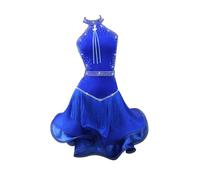 Tytyozay Robe À Franges pour Femme, Tenue De Danse Latine Élégante Dos Nu sans Manches avec Strass Idéale pour Une Soirée Moderne Tango Cha-Cha Salsa Rumba,Bleu,S