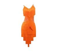 Tytyozay Robe Compétition Danse Latine pour Femme, Tenue De Danse Tendance sans Manches Et Col en V Costume Performance Élégant À Pompons Et Dos Nu Jupe pour Salsa Rumba Cha-Cha Samba Tango,Orange,M