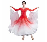 Tytyozay Robe De Compétition De Danse De Salon pour Femme, Robe Élégante À Manches Longues avec Col en V Strass Jupe en Chiffon Dégradée Et Manches Drapées Fluides pour Valse Tango Foxtrot,Rouge,L
