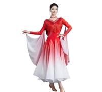 Tytyozay Robe De Compétition De Danse De Salon pour Femme, Robe Élégante À Manches Longues avec Col en V, Strass Et Franges, Jupe en Chiffon Fluide pour Valse Tango Foxtrot,Rouge,3XL