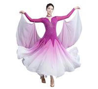 Tytyozay Robe De Compétition De Danse De Salon pour Femme, Robe Élégante À Manches Longues avec Col en V, Strass, Jupe en Chiffon Fluide Dégradée Et Manches Drapées pour Valse Tango Foxtrot,Violet,L