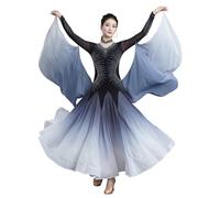 Tytyozay Robe De Compétition De Danse De Salon pour Femme, Robe Élégante À Manches Longues avec Col en V Strass Jupe en Chiffon Dégradée Et Manches Drapées Fluides pour Valse Tango Foxtrot,Noir,XL