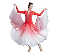 Tytyozay Robe De Compétition De Danse De Salon pour Femme, Robe Élégante À Manches Longues avec Col en V, Strass, Jupe en Chiffon Fluide Dégradée Et Manches Drapées pour Valse Tango Foxtrot,Rouge,L