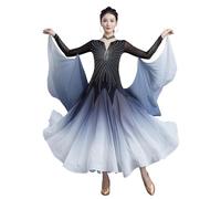 Tytyozay Robe De Compétition De Danse De Salon pour Femme, Robe Élégante À Manches Longues avec Col en V, Strass, Jupe en Chiffon Fluide Dégradée Et Manches Drapées pour Valse Tango Foxtrot,Noir,M