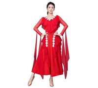 Tytyozay Robe De Compétition Élégante pour Femme, Jupe Ample À Col en V Tendance Ornée Volants Et De Fleurs Manches Longues Tenue Danse Standard pour La Valse Le Tango Et La Danse Moderne,Rouge,L