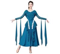 Tytyozay Robe De Compétition Élégante pour Femme, Jupe Ample À Col en V Tendance Ornée Volants Et De Fleurs Manches Longues Tenue Danse Standard pour La Valse Le Tango Et La Danse Moderne,Bleu,XXL