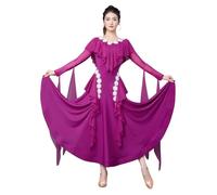 Tytyozay Robe De Compétition Élégante pour Femme, Jupe Ample À Col en V Tendance Ornée Volants Et De Fleurs Manches Longues Tenue Danse Standard pour La Valse Le Tango Et La Danse Moderne,Violet,M