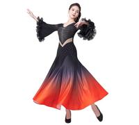 Tytyozay Robe De Danse Ballroom De Compétition Élégante pour Femme, Robe À Manches Longues avec Col en V, Manches Évasées, Détails en Strass Et Jupe Fluide Dégradée pour Valse Et Tango,Orange,XL